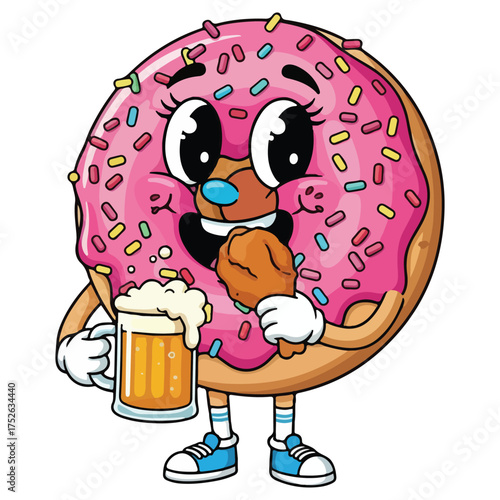 Happy Cartoon Beer Eating Donut Vector illustration