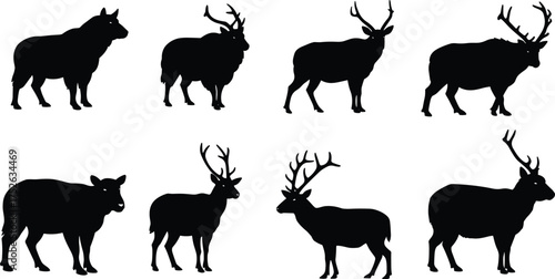 Wild deer and reindeer silhouettes, moose and elk animal vector collection, forest wildlife shapes, antler mammal silhouettes illustration, nature design