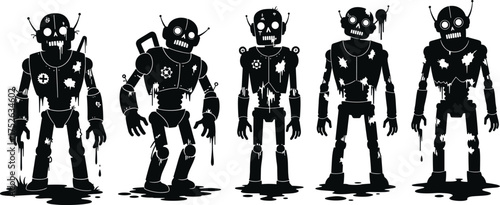 Silhouettes of damaged humanoid robots, horror cyborgs, dystopian mechanical figures, eerie androids, exposed wires, broken limbs, post-apocalyptic vector illustration, dark sci-fi theme