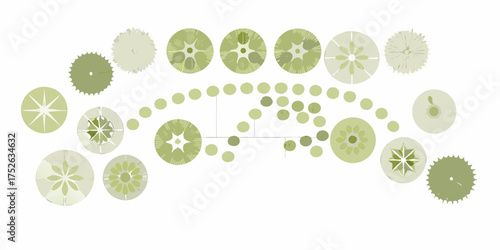 Abstract arrangement of circular floral and geometric shapes in varying shades of green on a white background