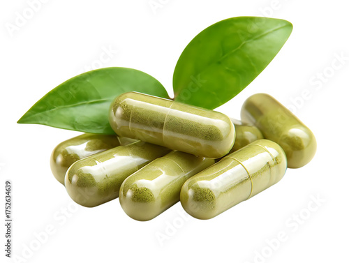 Pile of green herbal capsules with leaves isolated on transparent background