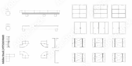 Architectural and construction element sketches including windows doors and structural components