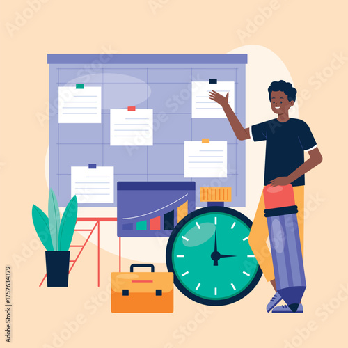 Flat design illustration of a kanban board with tasks and progress