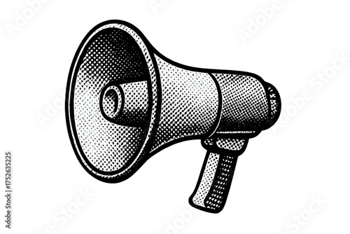 Megaphone illustration in retro pop art style with halftone effect. Dotted monochrome loudspeaker for announcement, news or protest. Vector bullhorn symbol for communication.