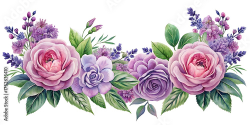 Fototapeta Naklejka Na Ścianę i Meble -  Watercolor Floral Arrangement featuring Roses and Lavender with Green Leaves and Elegant Design on a Black Background