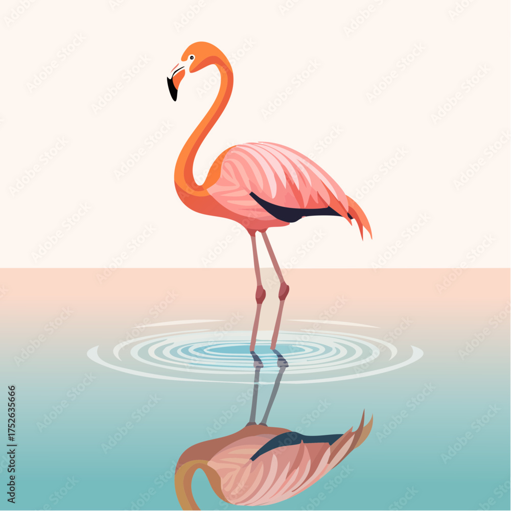 Fototapeta premium Stylized flat vector of a flamingo standing in water, reflection on surface, minimalist, warm pastel color scheme