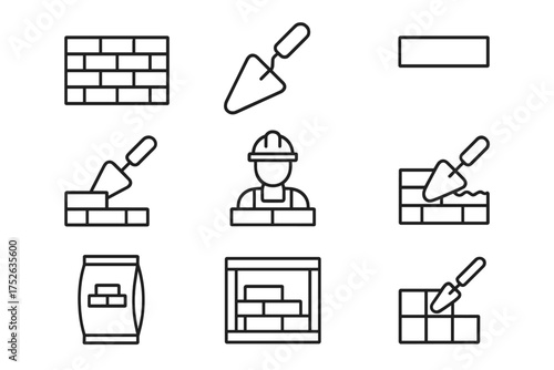 Brick wall construction line icon set. Masonry vector graphics with builder, trowel, cement and building materials. Editable stroke for web, books, cards, and apps.
