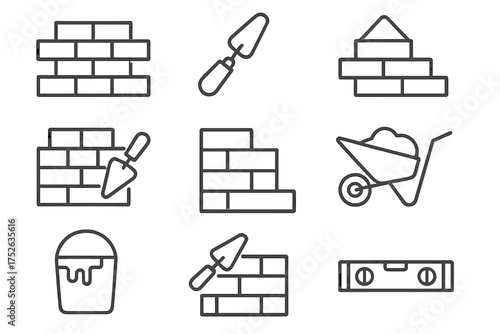 Construction icons set for bricklaying and masonry. Vector thin line symbols of a brick wall, trowel, cement, wheelbarrow, and builder tools. Editable stroke for web design.