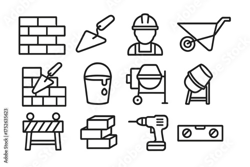 Construction line icon set. Builder and masonry tools. Vector symbols for building industry. Bricklayer, trowel, cement mixer, hard hat. Editable stroke signs for web.