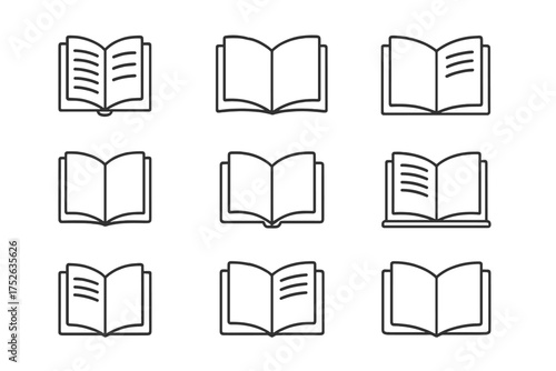 Open book thin line icon pack. Concept of education, knowledge, reading. Editable stroke vector for website, app, library, literature. Symbol of learning, study, information.