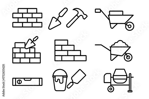 Construction icons set. Thin line vector illustration of bricklayer tools. Brick wall, hammer, trowel, wheelbarrow, cement mixer. Masonry and building work symbols.
