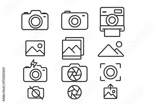 Photography line icon set. Camera, photo, picture gallery, instant print, and flash icons. Editable stroke vector symbols for web design, apps, and user interface design.