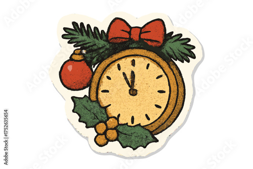 Christmas clock countdown to midnight. New Year's Eve celebration. Retro torn paper sticker for collage. Halftone scrapbooking clipping. Vintage holiday vector illustration.