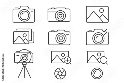 Photography line icon set. Editable stroke vector collection for web design, apps, and UI. Contains camera, gallery, zoom, flash, tripod, and lens linear symbols.