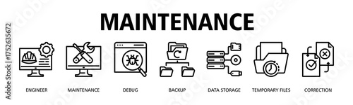 Maintenance banner web icon vector illustration concept with icon of Engineer, Maintenance, Debug, Backup, Data Storage, Temporary Files, Correction