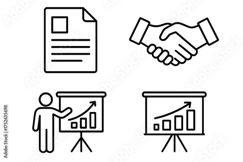 Business success icon set. Vector line art of contract, agreement handshake, presentation, and growth chart. Corporate partnership and data analysis symbols. Editable stroke.