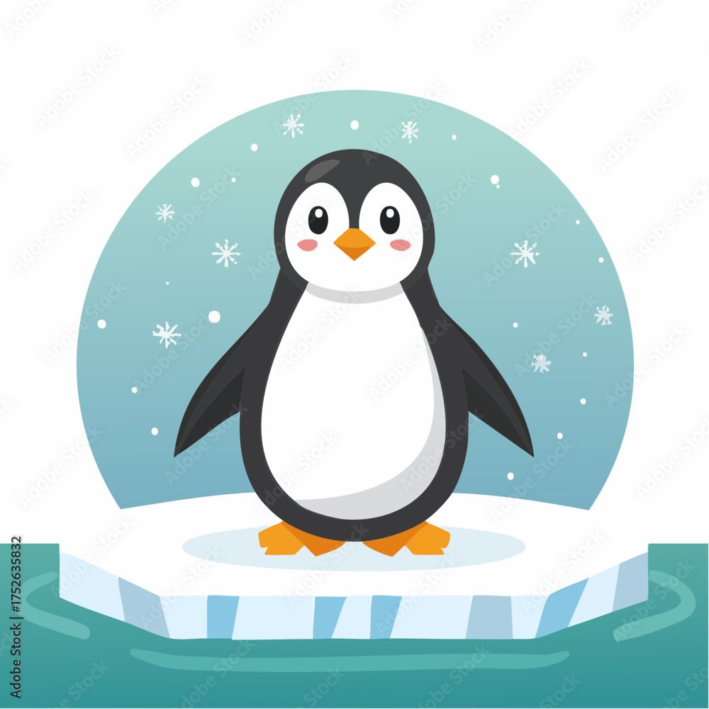 Naklejka premium Flat vector of a penguin standing on ice with a snowy background, cartoonish style, simple and clean lines