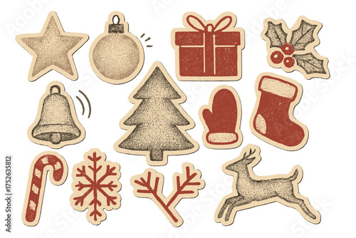 Christmas collage cut-outs set. Vector paper clipping shapes and stickers with vintage texture. Modern retro grunge elements for holiday design. Dotted halftone illustration.