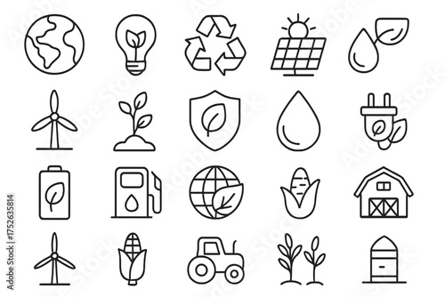Ecology and green energy icon set. Sustainable agriculture, farming, and renewable resource concepts. Eco-friendly power, environment, and conservation vector outline symbols.