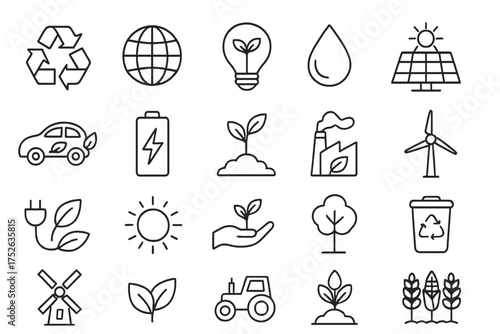 Ecology & renewable energy outline icon set. Green technology, agriculture, environment concepts. Vector symbols for sustainability, recycling, clean power. Editable stroke.