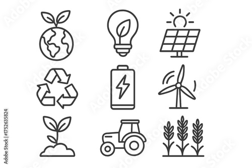 Ecology, green energy and agriculture icon set. Outline icons for sustainability, farming, and renewable power. Includes solar panel, wind turbine, recycling, and tractor symbols.