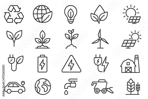 Ecology and green energy icon set. Sustainable agriculture and renewable resources symbols. Environmental conservation and eco friendly technology line icons for web and infographics.