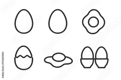 Egg icon set. Thin line collection. Breakfast food symbols. Fried egg, sunny side up, cracked shell, boiled egg, egg cups. Vector illustration for web, apps, menu. Editable stroke.