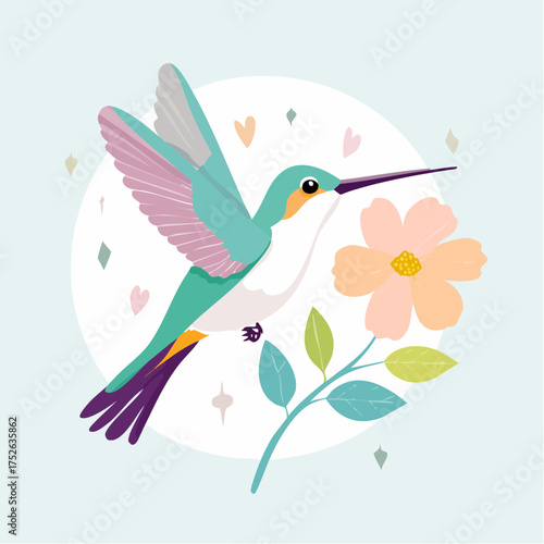 A flat design vector of a hummingbird sipping nectar from a flower, soft pastel colors, minimal background