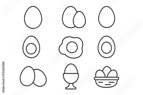 Egg thin line icon set. Vector food symbols for breakfast. Editable stroke illustration of fried egg, boiled egg, egg in cup, and fresh eggs in a basket. Cooking icons.