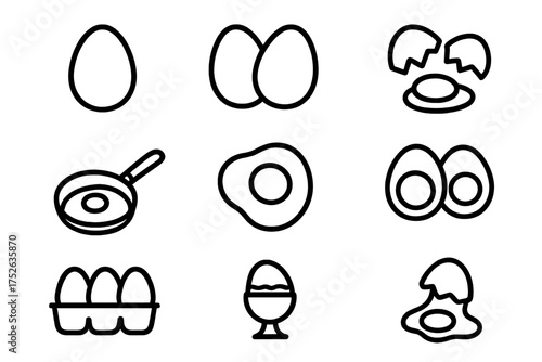 Egg icon set for cooking and breakfast. Line art symbols of fried, boiled, scrambled eggs, omelette, and raw eggs in carton. Vector food illustration with editable stroke.