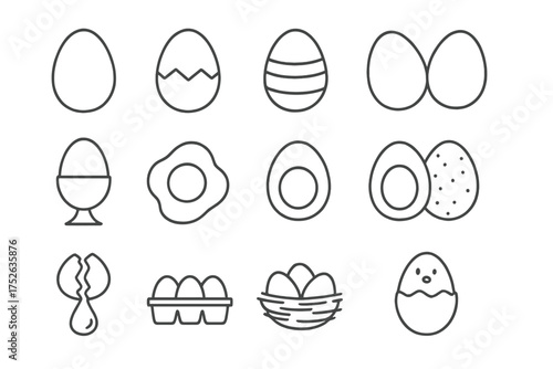 Egg pack of thin icons with editable stroke. Vector cartoon illustration for food and cooking themes. Set includes boiled, fried, cracked eggs, nest, carton, and hatching chick