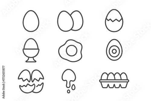 Egg icon set vector collection. Simple linear outline food icons. Fried egg, boiled, cracked, broken shell, egg carton. Breakfast concept. Editable stroke cartoon illustration.