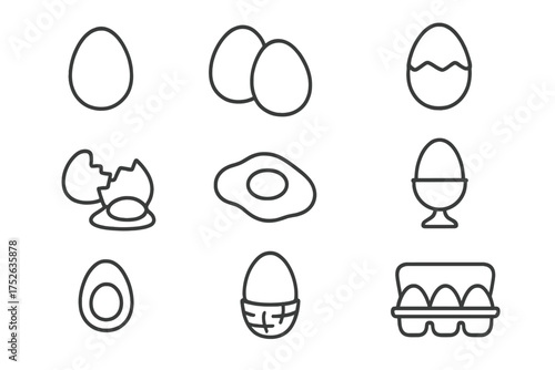 Egg outline icon set simple linear collection. Vector illustration of whole, cracked, fried, boiled eggs, egg cup and carton. Editable stroke for web, apps, books, cards.
