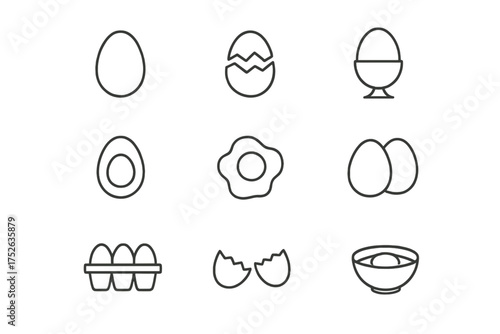 Egg icon set simple line art. Outline symbols for breakfast food, cooking, and protein. Includes fried, boiled, cracked egg, and carton. Editable stroke vector illustration.