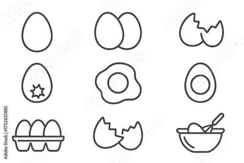 Egg outline icon set. Fried, boiled, scrambled eggs. Cracked eggshell, yolk, egg in carton. Simple linear vector collection for breakfast, cooking, food, recipe concepts.