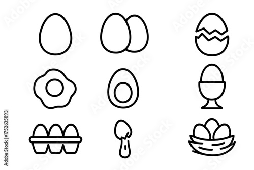 Egg icon set. Line art food icons. Breakfast meal concepts. Fried, boiled, cracked egg. Poultry farm, chicken eggs in nest and carton. Editable stroke vector illustration.