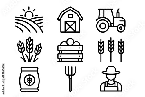 Farm and agriculture outline icon set. Farmer, tractor, barn, harvest symbols. Rural cultivation vector collection. Field, wheat, crop, food production concept illustration.