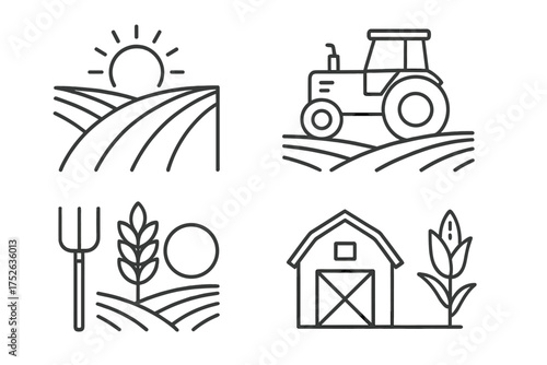 Farming and agriculture line icon set. Vector symbols for farm, harvest, field, and rural life. Tractor, barn, wheat, corn outline pictograms. Editable stroke graphics.