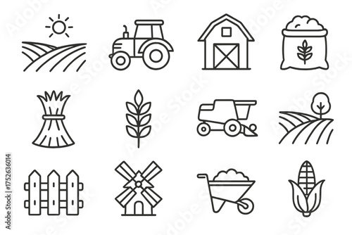 Farming and harvest outline icon set. Tractor, barn, windmill, corn, wheat, and field symbols. Agriculture industry, food production, and rural life concept. Linear vector graphic illustration.
