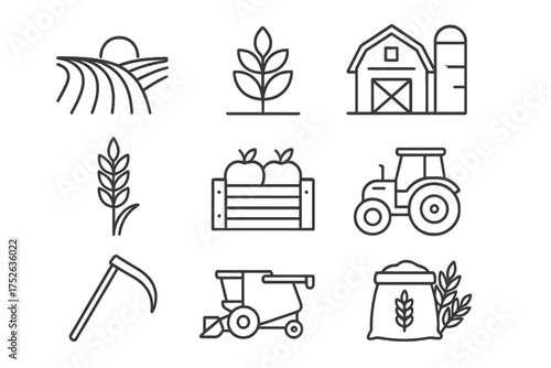 Agriculture farm icon set. Field, harvest, tractor, barn, wheat, crop, food production outline icons. Farming, agribusiness vector symbol collection. Editable stroke illustration.