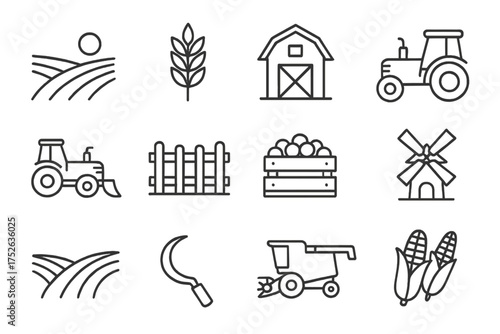Agriculture and farming line icon set. Farm harvest symbols collection. Vector illustration with tractor, barn, windmill, wheat, corn, crop, field, combine harvester.