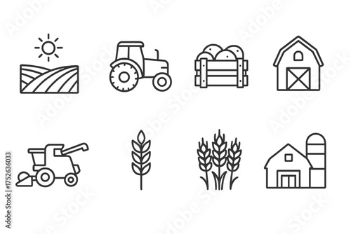 Farm and agriculture line icon set. Vector symbols for harvest, field, tractor, barn, silo, and wheat crop. Editable stroke illustration perfect for infographics and web.