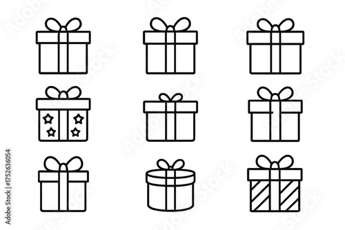 Gift box thin line icon set. Present box vector symbol collection. Simple outline illustration for birthday, christmas, celebration. Surprise package with ribbon bow. Editable stroke.