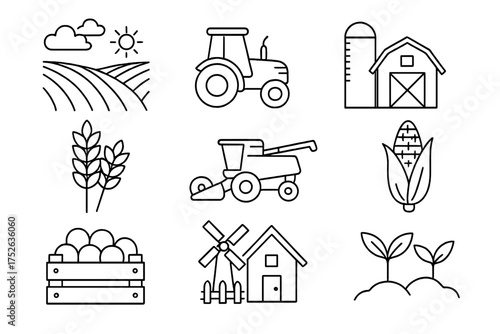 Farm and agriculture line icon set. Farming and harvest concepts. Tractor, combine harvester, barn, silo, field, wheat, corn, crop. Rural cultivation outline vector symbols.