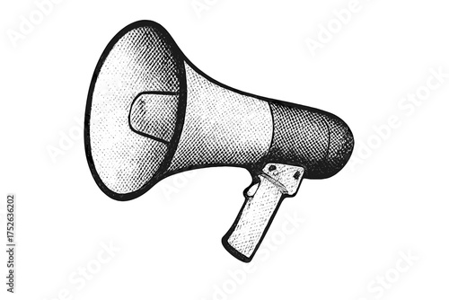Halftone loudspeaker vector. Retro megaphone for announcement, protest or news. Vintage comic punk zine style collage element. Loud sound, voice, propaganda, alert symbol.