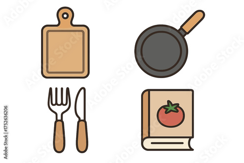 Kitchen cooking icon set. Culinary symbols. Cutting board, frying pan, cutlery, cookbook. Vector illustration for recipe app, web, menu design. Gastronomy & food graphics.