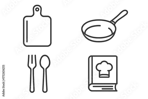 Kitchen and cooking simple line icon set. Contains outline icons of cutting board, frying pan, cutlery, cookbook. Vector for UI, UX, web design, apps, menu, infographics.