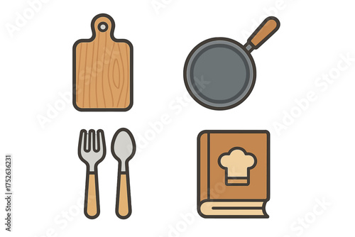 Kitchen and cooking vector icon set with outline. Contains cutting board, frying pan, cutlery, cookbook. Flat design elements for food blog, recipe app, restaurant menu graphics.
