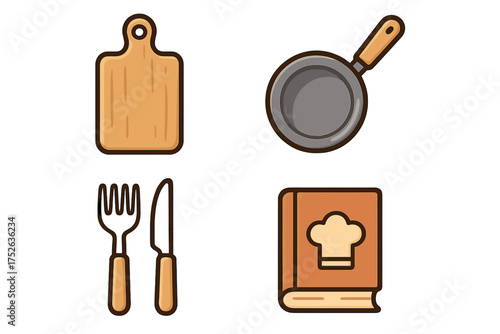 Kitchen and cooking colorful icon set. Vector graphic bundle of cooking utensils. Includes cutting board, frying pan, cutlery and cookbook for restaurant, app or web design.