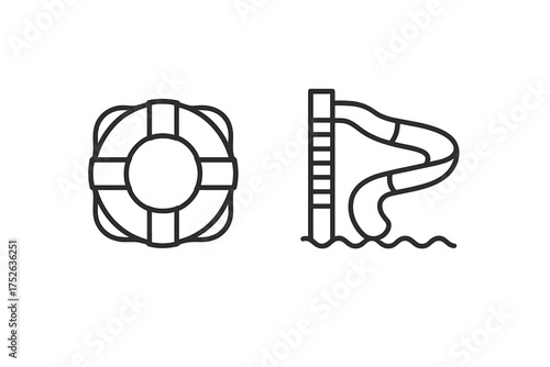 Water park icon set with lifebuoy and water slide. Summer vacation line art symbols for pool safety and fun. Editable stroke vector graphics for UI, web design, and apps.
